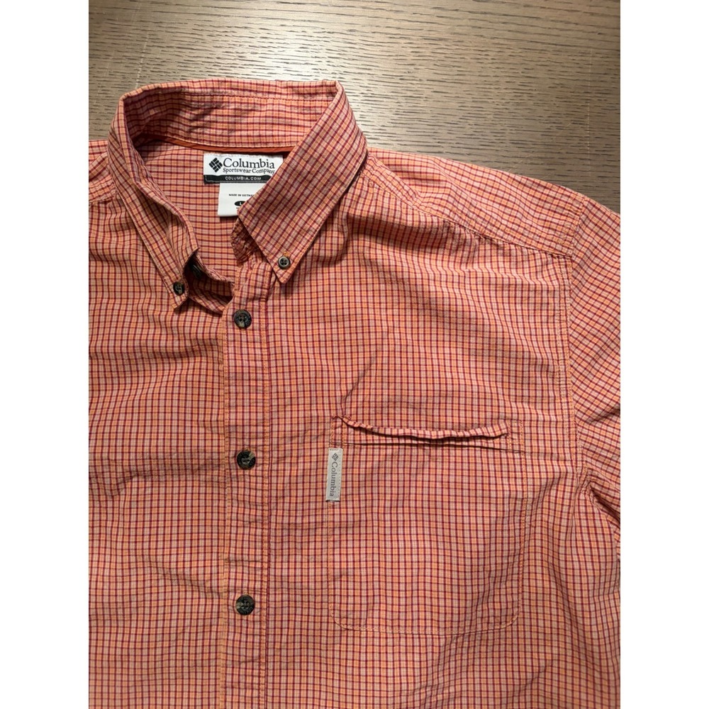 Columbia Mens Short Sleeve Button Down Shirt Red Orange Plaid Cotton Large